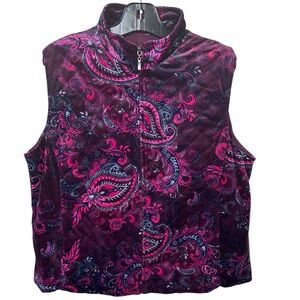 Women’s Quilted Velour Paisley Vest XL Purple Pink Zip Front‎ Sleeveless Jacket